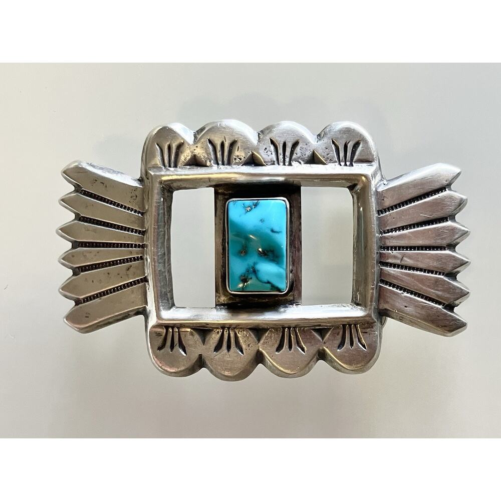 Vintage Navajo Sterling Silver Turquoise Belt Buckle 42g Sand Cast - Fan, Ketoh